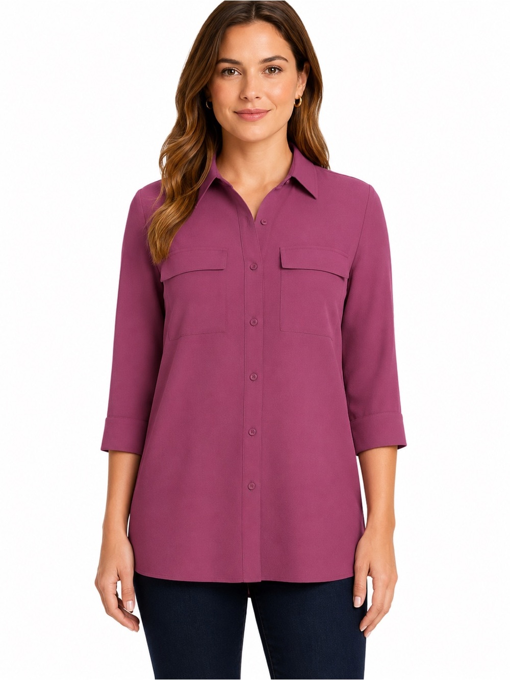 Hilary Radley DARK PINK Button-Front Blouse with Chest Pockets